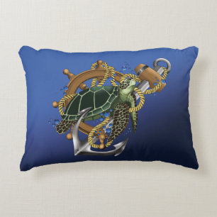 Cojín Decorativo Tortuga Marina Ancla Timón Náutico Azul