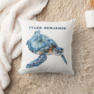 Cojín Decorativo Tortuga marina azul caprichosa acuarela