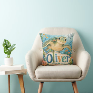 Cojín Decorativo Tortuga marina linda Oliver aventura submarina océ