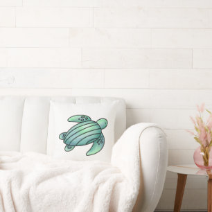 Cojín Decorativo tortuga marina pintada con acuarela azul verde de 