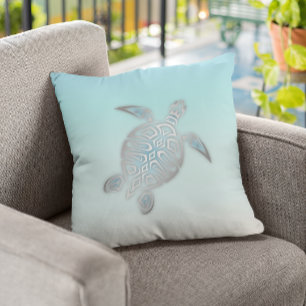 Cojín Decorativo Tortuga Marina Plateada Estilo Playa   Costero 