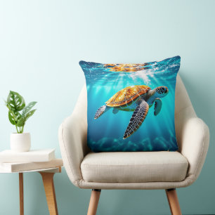 Cojín Decorativo Tortuga marina verde impresionante en aguas oceáni
