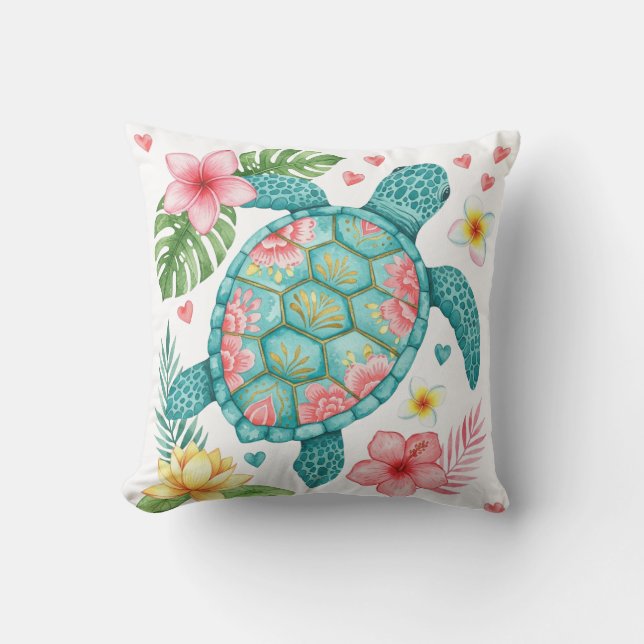 Cojín Decorativo Tortuga marina y flores tropicales (Anverso)