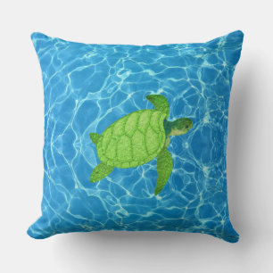 Cojín Decorativo Tortuga verde en agua turquesa