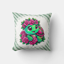 Cojín Decorativo Tortuga verde feliz con rosas rosadas