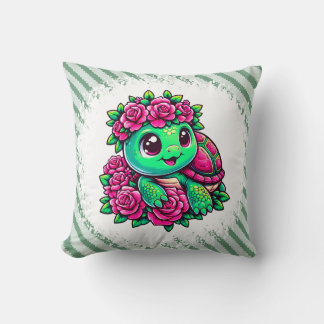 Cojín Decorativo Tortuga verde feliz con rosas rosadas