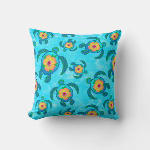 Cojín Decorativo Tortugas de mar de Honu azules Hibiscus Flowers