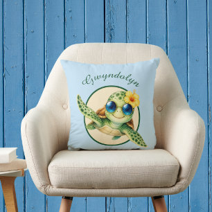 Cojín Decorativo Tortugas Marinas Bebés Adorables con Flores Tropic