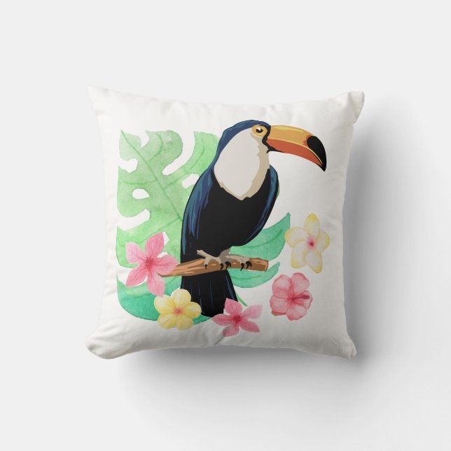Cojín Decorativo Toucan Con Flores Tropicales (Anverso)