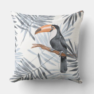 Cojín Decorativo Toucanes y hojas de palma. Gris