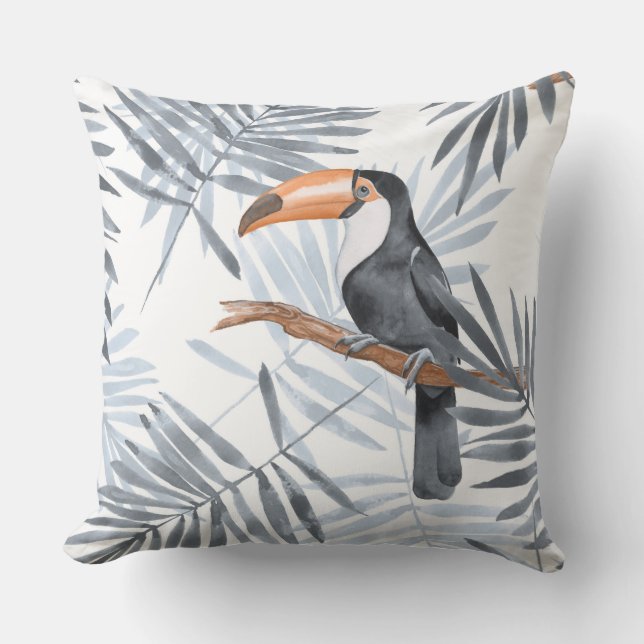 Cojín Decorativo Toucanes y hojas de palma. Gris (Anverso)