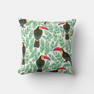 Cojín Decorativo Toucans, hojas tropicales, patrón decorativo.