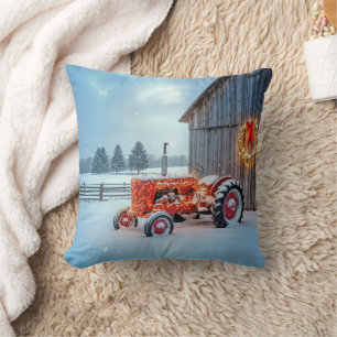 Cojín Decorativo Tractor agrícola rojo de Navidad en la nieve