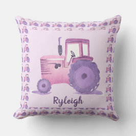 Cojín Decorativo Tractor de acuarela rosa y morado personalizable