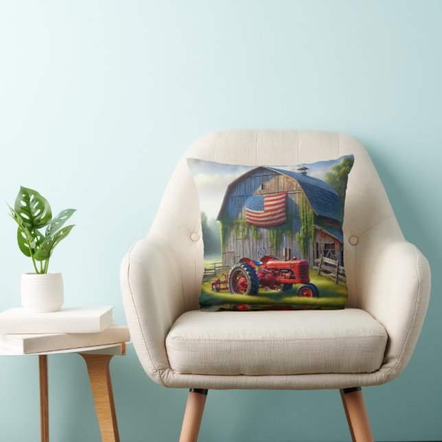 Cojín Decorativo Tractor de granja roja con bandera estadounidense  (Silla)