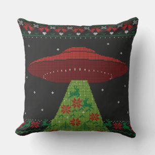 Cojín Decorativo Tractor de OVNI rojo y verde con Navidades feos