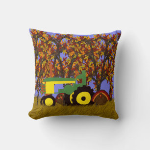 Cojín Decorativo Tractor por árboles otoñales y pavos 1-Verde