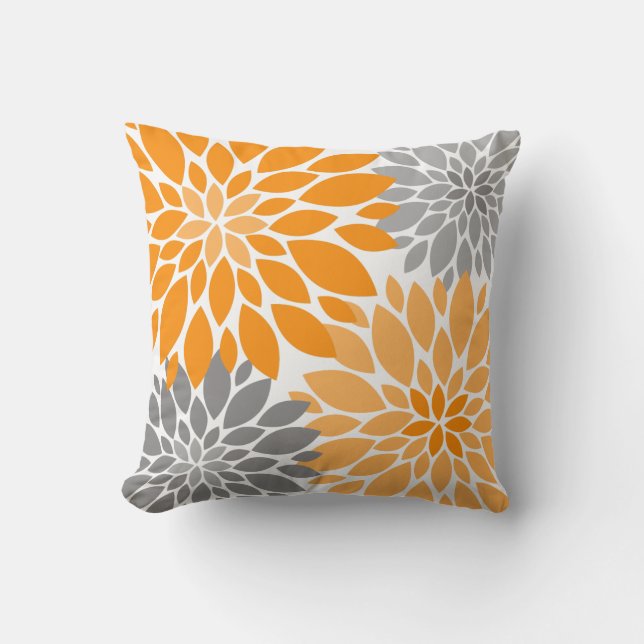 Cojín Decorativo Trama floral de crisantemos Naranja y gris (Anverso)