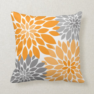 Cojín Decorativo Trama floral de crisantemos Naranja y gris