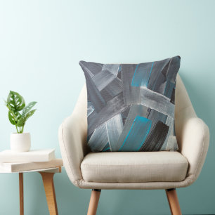 Cojín Decorativo Trazos de pincel abstractos en azul, gris y negro