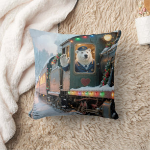 Cojín Decorativo Tren de Navidad Vintage con Oso Polar Saludando