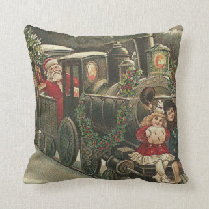 Cojín Decorativo Tren de Santa Claus con guirnalda de acebo y niños