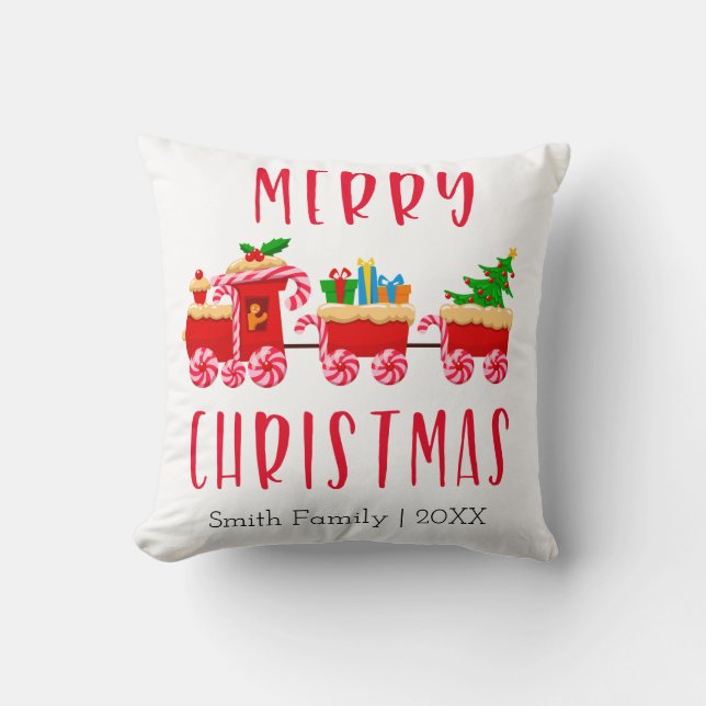 Cojín Decorativo Tren rojo navideño personalizado para Feliz Navida (Anverso)
