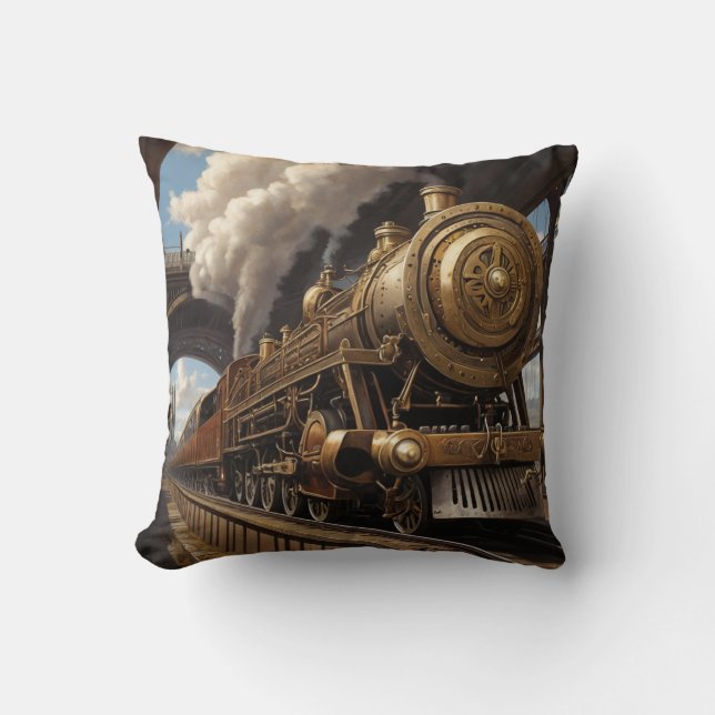 Cojín Decorativo Tren Steampunk y puente victoriano (Anverso)
