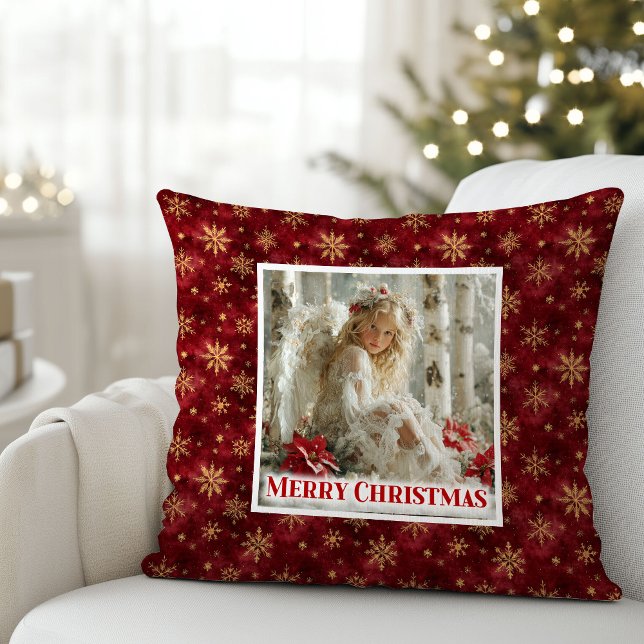 Cojín Decorativo Trendy Angel Poinsettia Red Gold Personalized Xmas (Trendy Angel Poinsettia Red Gold Personalized Christmas Pillow

)
