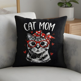 Cojín Decorativo Trendy Cat Mom with Glasses & Bandana Black 