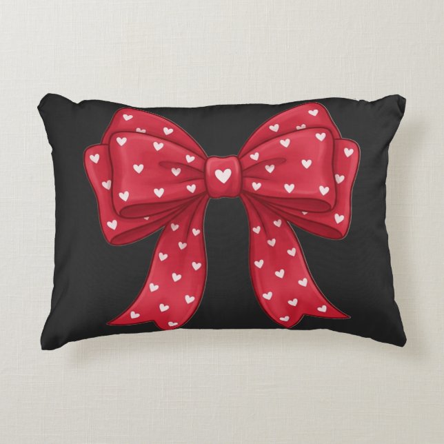 Cojín Decorativo Trendy Coquette Red Ribbon Bow with White Hearts (Anverso)