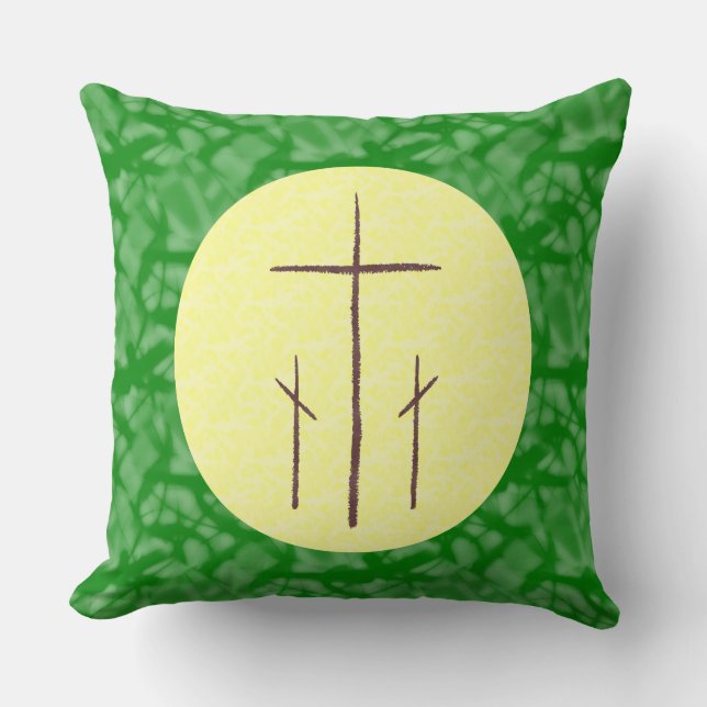 Cojín Decorativo Tres cruces de calvario verde amarillo (Anverso)