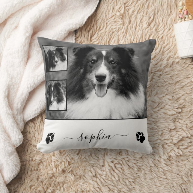 Cojín Decorativo Tres fotos Personalizados con el nombre y las pata (Manta)