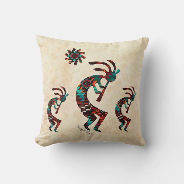 Cojín Decorativo Tres Kokopelli del Sudoeste (Anverso)