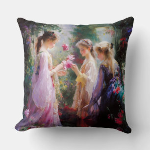 Cojín Decorativo Tres niñas jugando en un jardín