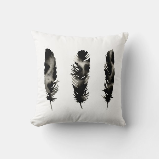 Cojín Decorativo Tres plumas. Moderno. Silueta. Blanco negro (Anverso)