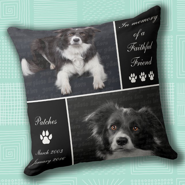 Cojín Decorativo Tributo Memorial de Fotos de Perros (Dog Photo Memorial Tribute Throw Pillow with photo and name templates)
