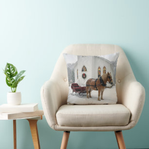 Cojín Decorativo Trineo tirado por caballos de Navidad esperando ju