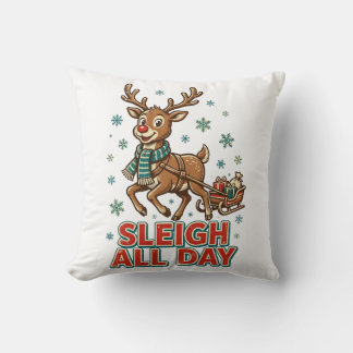 Cojín Decorativo Trineo Todo el Día Reno Vintage Navidad Retro