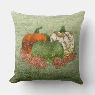 Cojín Decorativo Trío de calabazas con hojas de otoño de cobre