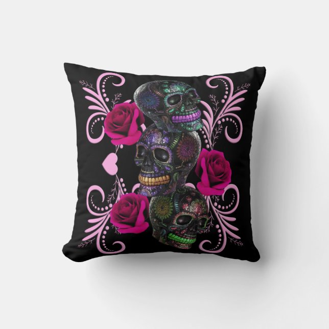 Cojín Decorativo Triple Día Negro De Los Cránulos Muertos Rosas Ros (Anverso)