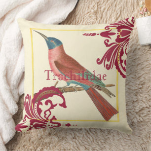 Cojín Decorativo Trochilidae Vintage Hummingbird Raspberry Damask