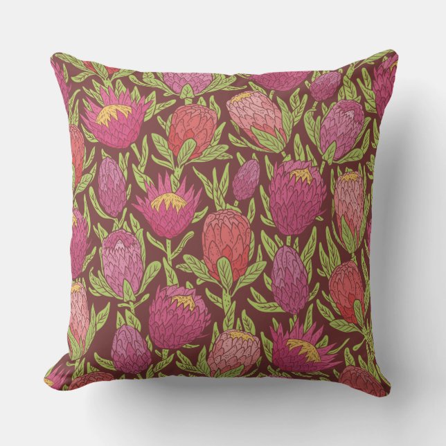Cojín decorativo Tropica de Proteas Rosa Oscuras y (Anverso)