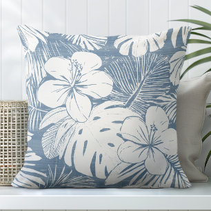 Cojín decorativo tropical azul y blanco