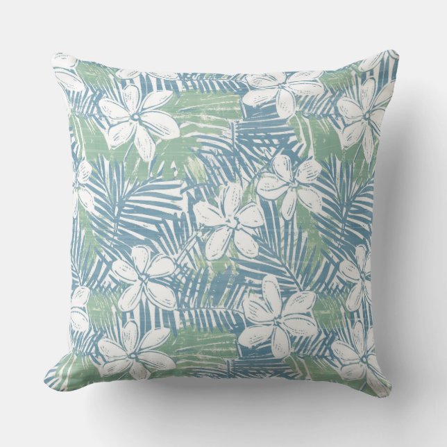 Cojín decorativo tropical azul y verde (Anverso)