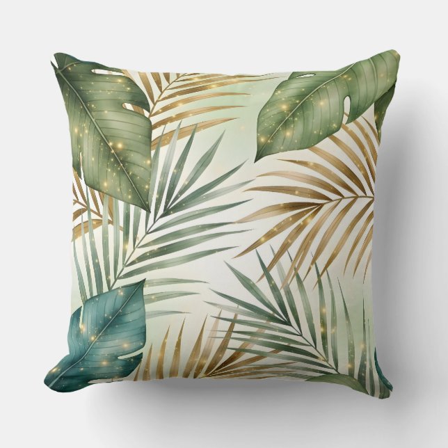 Cojín Decorativo Tropical Green & Gold Leaves Decorative Pillow  (Anverso)