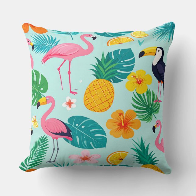 Cojín Decorativo Tropical Paradise Pattern - Flamingos Hibiscus Mon (Anverso)