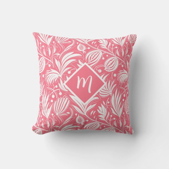 Cojín Decorativo Tropical Pink Floral Pattern Diamond Monogram (Anverso)
