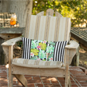 Cojín decorativo tropical rayado negro y blanco