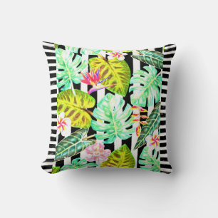 Cojín decorativo tropical rayado negro y blanco